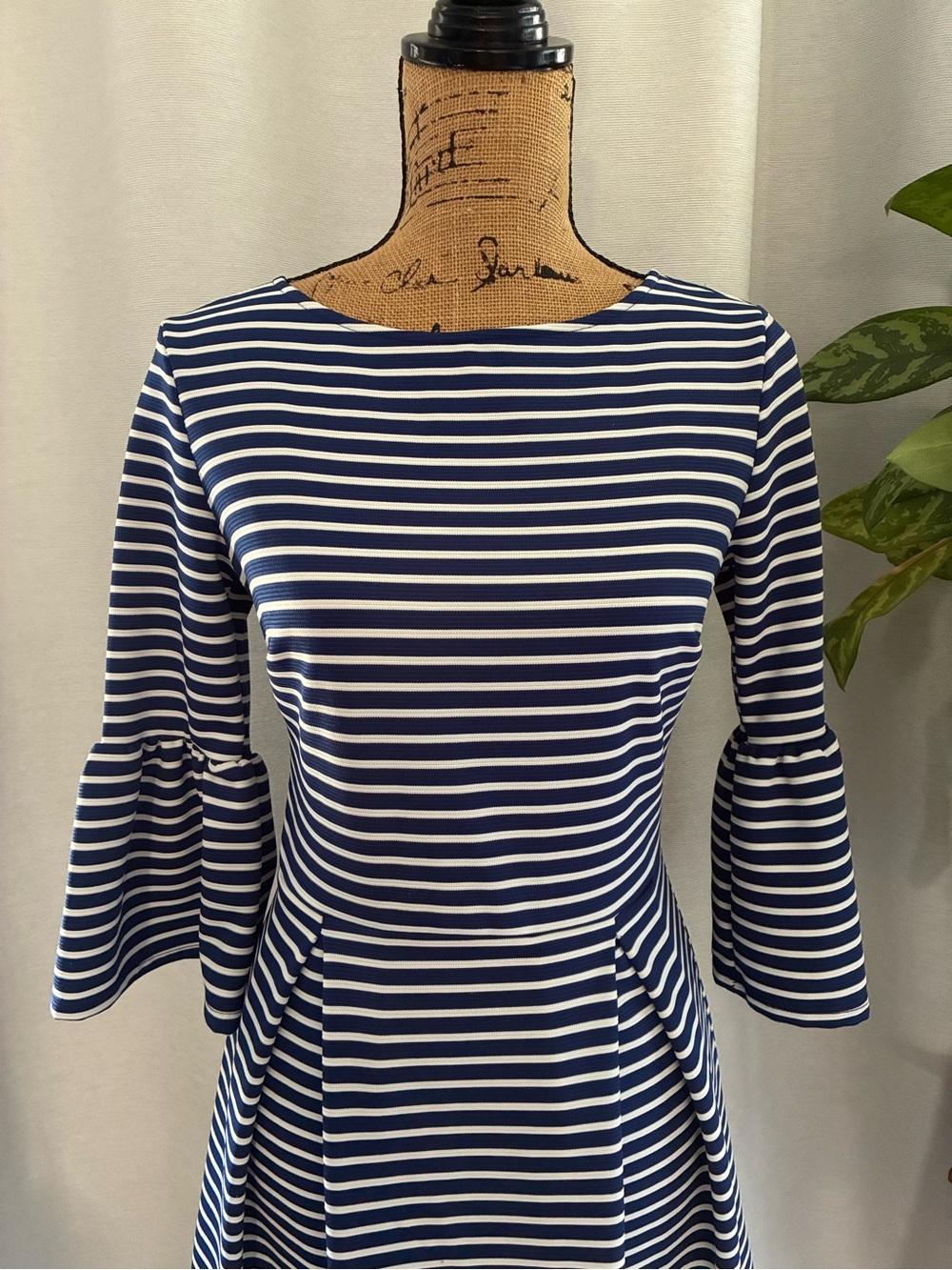 Altar'd State Navy and White Striped Fit-and-Flare Dress with Bell Sleeves - Picture 5 of 6